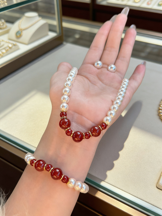 3-Piece Crystal Pearl & Natural Red Agate Jewelry Set, Luxury All-Match Jewelry Gift