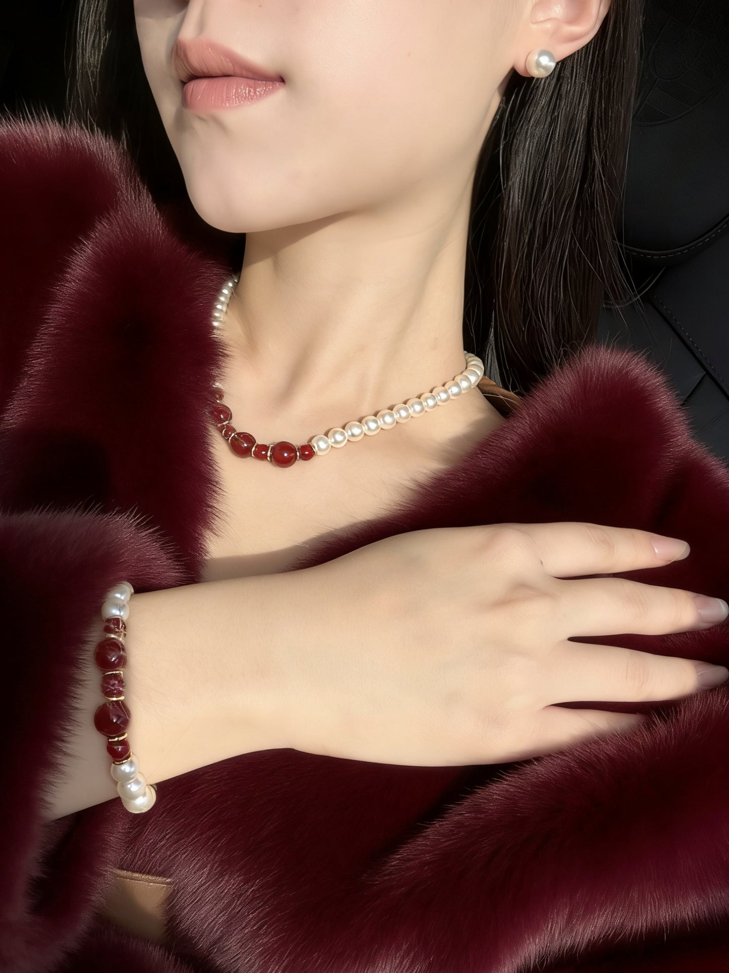 3-Piece Crystal Pearl & Natural Red Agate Jewelry Set, Luxury All-Match Jewelry Gift
